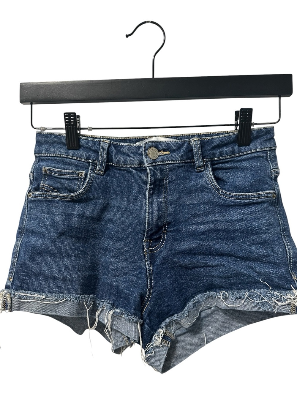Zara Trafaluc Dark Wash Cuffed Frayed Denim Cut Off Jean Shorts SZ 4